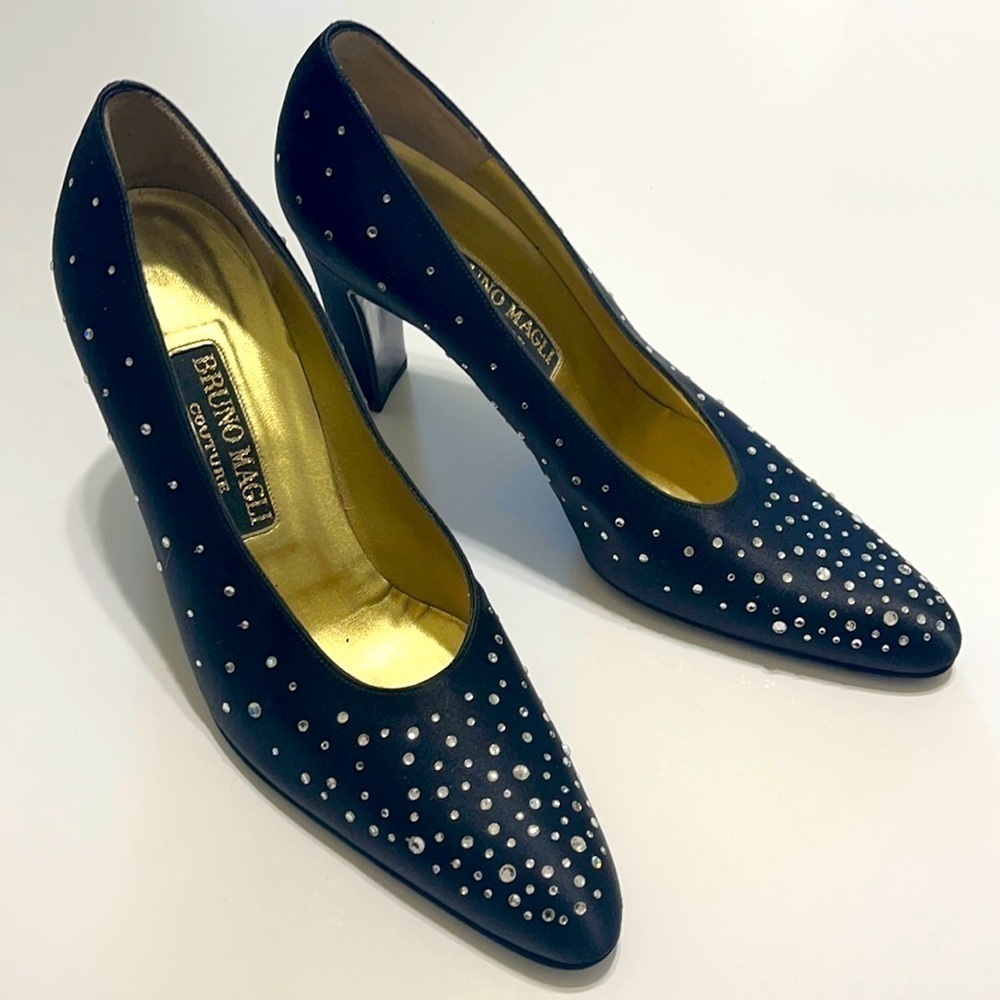 Bruno Magli Couture Black Satin Rhinestone Heels